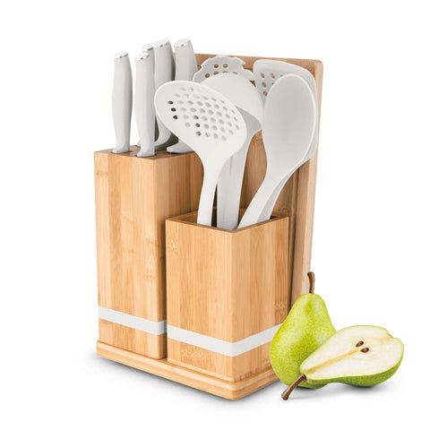 Product image of 12pcs knife and kitchen tool set with BAMBOO cutting board and stand. Part of the Sahara Collection . Features: • Material: stainless steel, nylon, plastic • Chef knife 20 cm • Bread knife 20 cm • Santoku knife 17,5 cm • Utility knife 12,5 cm • Paring knife 9.... (Studio view). Official Berlinger Haus product, boosted by Promintra sl.