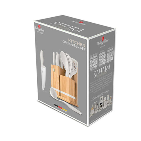Product image of 12pcs knife and kitchen tool set with BAMBOO cutting board and stand. Part of the Sahara Collection . Features: • Material: stainless steel, nylon, plastic • Chef knife 20 cm • Bread knife 20 cm • Santoku knife 17,5 cm • Utility knife 12,5 cm • Paring knife 9.... (Studio view). Official Berlinger Haus product, boosted by Promintra sl.