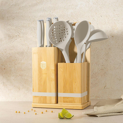 Product image of 12pcs knife and kitchen tool set with BAMBOO cutting board and stand. Part of the Sahara Collection . Features: • Material: stainless steel, nylon, plastic • Chef knife 20 cm • Bread knife 20 cm • Santoku knife 17,5 cm • Utility knife 12,5 cm • Paring knife 9.... (Studio view). Official Berlinger Haus product, boosted by Promintra sl.