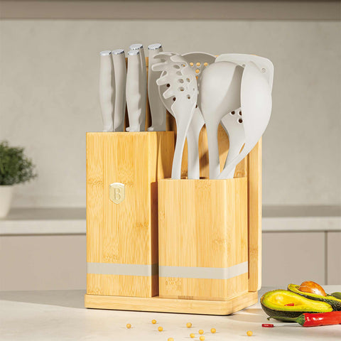 Product image of 12pcs knife and kitchen tool set with BAMBOO cutting board and stand. Part of the Sahara Collection . Features: • Material: stainless steel, nylon, plastic • Chef knife 20 cm • Bread knife 20 cm • Santoku knife 17,5 cm • Utility knife 12,5 cm • Paring knife 9.... (Studio view). Official Berlinger Haus product, boosted by Promintra sl.