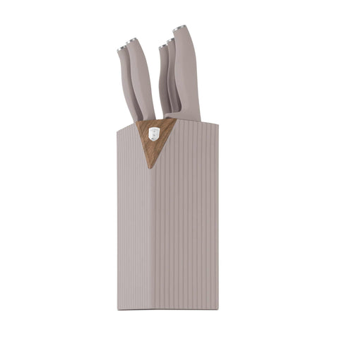 Product image of 6pcs knife set with stand. Part of the Taupe Nordic Collection . Features: • Material: stainless steel • Chef knife 20 cm • Bread knife 20 cm • Santoku knife 17,5 cm • Utility knife 12,5 cm • Paring knife 9 cm • Stand • Co.... (Studio view). Official Berlinger Haus product, boosted by Promintra sl.