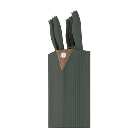 Product image of 6pcs knife set with stand. Part of the Matte Green Collection . Features: • Material: stainless steel • Chef knife 20 cm • Bread knife 20 cm • Santoku knife 17,5 cm • Utility knife 12,5 cm • Paring knife 9 cm • Stand • Co.... (Studio view). Official Berlinger Haus product, boosted by Promintra sl.