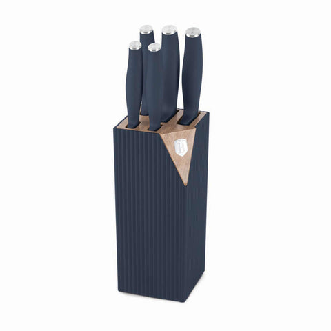 Product image of 6pcs knife set with stand. Part of the Deep Sea Collection . Features: • Material: stainless steel • Chef knife 20 cm • Bread knife 20 cm • Santoku knife 17,5 cm • Utility knife 12,5 cm • Paring knife 9 cm • Stand • Co.... (Studio view). Official Berlinger Haus product, boosted by Promintra sl.