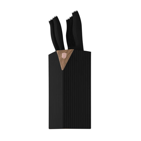Product image of 6pcs knife set with stand. Part of the Black Rose Collection . Features: • Material: stainless steel • Chef knife 20 cm • Bread knife 20 cm • Santoku knife 17,5 cm • Utility knife 12,5 cm • Paring knife 9 cm • Stand • Co.... (Studio view). Official Berlinger Haus product, boosted by Promintra sl.