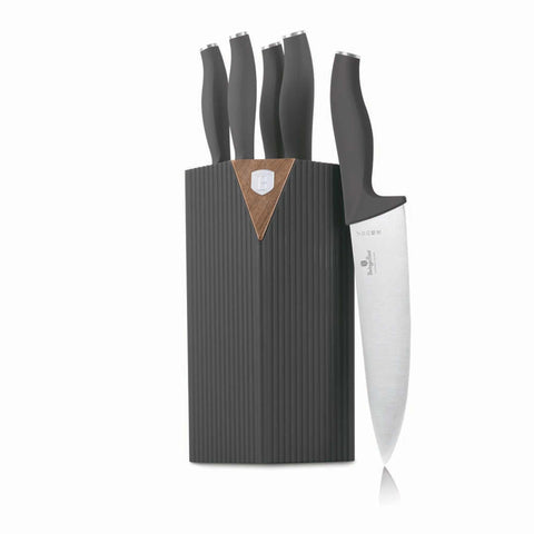 Product image of 6pcs knife set with stand. Part of the Anthracite Collection . Features: • Material: stainless steel • Chef knife 20 cm • Bread knife 20 cm • Santoku knife 17,5 cm • Utility knife 12,5 cm • Paring knife 9 cm • Stand • Co.... (Studio view). Official Berlinger Haus product, boosted by Promintra sl.