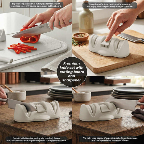 Product image of 5pcs knife set including cutting board and sharpener. Part of the Sahara Collection . Features: • Material: stainless steel, plastic, tungsten steel • Chef knife 20 cm • Utility knife 12,5 cm • Paring knife 9 cm • Cutting board • Sharpener • C.... (Conceptual view). Official Berlinger Haus product, boosted by Promintra sl.