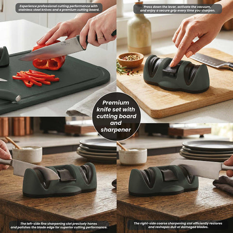 Product image of 5pcs knife set including cutting board and sharpener. Part of the Matte Green Collection . Features: • Material: stainless steel, plastic, tungsten steel • Chef knife 20 cm • Utility knife 12,5 cm • Paring knife 9 cm • Cutting board • Sharpener • C.... (Conceptual view). Official Berlinger Haus product, boosted by Promintra sl.