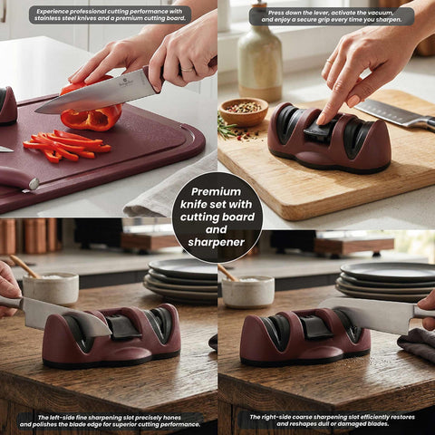 Product image of 5pcs knife set including cutting board and sharpener. Part of the Leonardo Collection . Features: • Material: stainless steel, plastic, tungsten steel • Chef knife 20 cm • Utility knife 12,5 cm • Paring knife 9 cm • Cutting board • Sharpener • C.... (Conceptual view). Official Berlinger Haus product, boosted by Promintra sl.