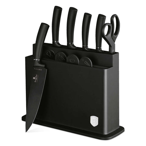 Product image of 11pcs knife set with stand and cutting board set. Part of the Black Vantage Collection/Matte Black Collection/Black Silver Collection . Features: • Material: stainless steel • 4 pcs cutting board • Stand • Bread knife 20 cm • Chef knife 20 cm • Slicer knife 20 cm • Utility knife 12,5 cm • Par.... (Studio view). Official Berlinger Haus product, boosted by Promintra sl.