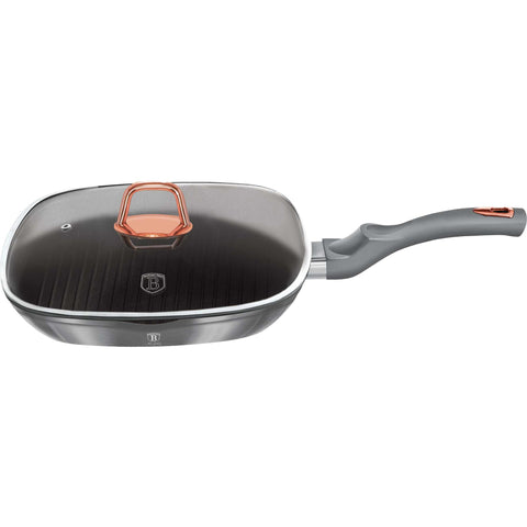 Product image of Grill pan with lid 28cm. Part of the Moonlight Collection . Features: • Material: forged aluminum • Grill pan with lid Ø28*4,1 cm 2,1L • Color: metallic grey REGISTERED DESIGN BY BERLINGER HAUS!. (Studio view). Official Berlinger Haus product, boosted by Promintra sl.