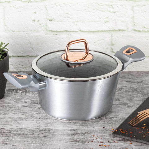 Product image of Casserole with lid 20cm. Part of the Moonlight Collection . Features: • Material: forged aluminum • Casserole with lid Ø20*10,4 cm 2,5L • Color: metallic grey REGISTERED DESIGN BY BERLINGER HAUS!. (Studio view). Official Berlinger Haus product, boosted by Promintra sl.