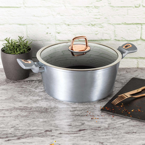 Product image of Casserole with lid 28cm. Part of the Moonlight Collection . Features: • Material: forged aluminum • Casserole with lid Ø28*12,4 cm 6,1L • Color: metallic grey REGISTERED DESIGN BY BERLINGER HAUS!. (Lifestyle view). Official Berlinger Haus product, boosted by Promintra sl.