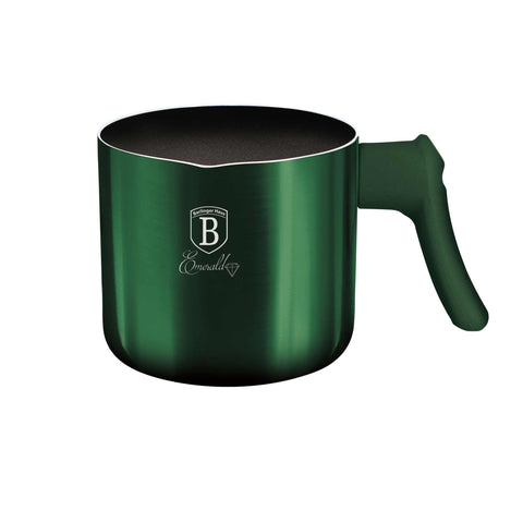 Product image of Milk pot 1,2L. Part of the Emerald Collection . Features: • Material: aluminum with non-stick marble coating • Size: 12 cm • Capacity: 1,2 L • Color: metallic emerald. (Studio view). Official Berlinger Haus product, boosted by Promintra sl.