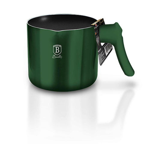 Product image of Milk pot 1,2L. Part of the Emerald Collection . Features: • Material: aluminum with non-stick marble coating • Size: 12 cm • Capacity: 1,2 L • Color: metallic emerald. (Studio view). Official Berlinger Haus product, boosted by Promintra sl.