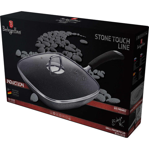 Product image of Grill pan with lid 28cm. Part of the Stone Touch Line . Features: • Material: forged aluminum • Handle: stainless stell with heat resistant silicone • Grill pan with lid Ø28*4,1 cm 2,1L • Color: grey REGISTERED DE.... (Studio view). Official Berlinger Haus product, boosted by Promintra sl.