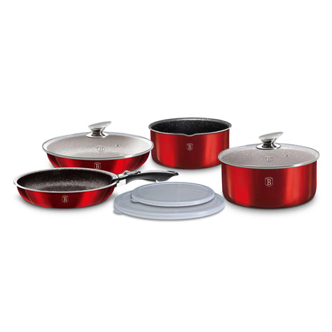 Product image of 9pcs cookware set. Part of the Metallic Line Burgundy Edition . Features: • Material: aluminum • Include: • STACKABLE - SPACE SAVING • Frypan Ø20*4,5 cm 1,0L • Frypan Ø24*4,8 cm 1,7L • Sauce pan with mouth Ø16*7,5 cm 1,2L.... (Studio view). Official Berlinger Haus product, boosted by Promintra sl.