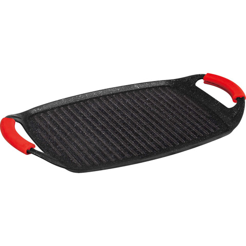 Product image of Grill plate 47cm. Part of the Metallic Line Burgundy Edition . Features: • Material: forged aluminum • Size: 47*29 cm • Color: black- burgundy • FREE 2 PCS HEAT RESISTANT SILICONE HANDLE. (Studio view). Official Berlinger Haus product, boosted by Promintra sl.