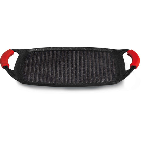 Product image of Grill plate 47cm. Part of the Metallic Line Burgundy Edition . Features: • Material: forged aluminum • Size: 47*29 cm • Color: black- burgundy • FREE 2 PCS HEAT RESISTANT SILICONE HANDLE. (Studio view). Official Berlinger Haus product, boosted by Promintra sl.