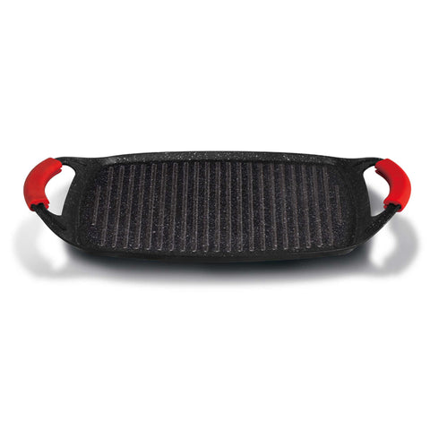 Product image of Grill plate 47cm. Part of the Metallic Line Burgundy Edition . Features: • Material: forged aluminum • Size: 47*29 cm • Color: black- burgundy • FREE 2 PCS HEAT RESISTANT SILICONE HANDLE. (Studio view). Official Berlinger Haus product, boosted by Promintra sl.