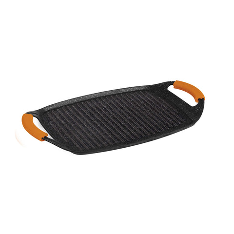 Imatge del producte de la placa de barbacoa de 47 cm. Forma part de la línia Granit Diamond. Característiques: • Material: alumini • Mida: 47*29 cm • Color: negre/taronja • 2 MÀNECS DE SILICONA RESISTENTS A LA CALOR GRATUÏTS. (Vista d'estudi). Producte oficial Berlinger, impulsat per Promintra sl.