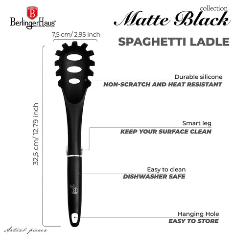 Product image of Spaghetti spoon. Part of the Black Vantage Collection/Matte Black Collection/Black Silver Collection . Features: • Material: nylon • Color: black- silver REGISTERED DESIGN BY BERLINGER HAUS!. (Studio view). Official Berlinger Haus product, boosted by Promintra sl.