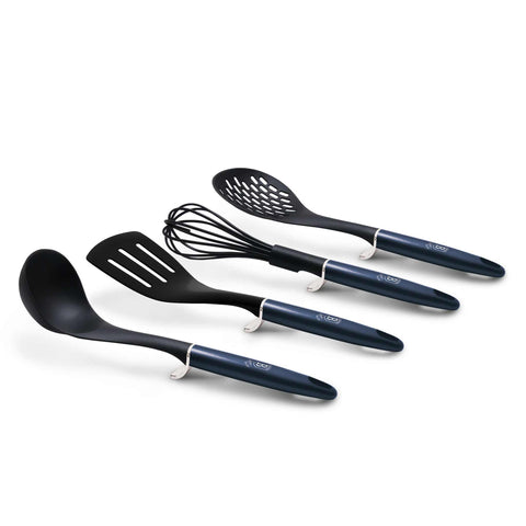 Product image of 4pcs kitchen tool set. Part of the Metallic Line Aquamarine Edition . Features: • Material: nylon • Include: • Slotted turner 1 pc • Whisk 1 pc • Skimmer 1 pc • Soup ladle 1 pc • Color: aquamarine REGISTERED DESIGN BY BERLINGER.... (Studio view). Official Berlinger Haus product, boosted by Promintra sl.