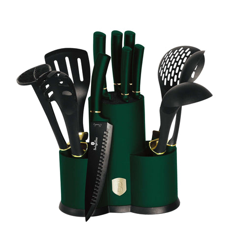 Product image of 12pcs knife and tool set. Part of the Emerald Collection . Features: • Material: stainless steel with black non-stick coating • Include: • Chef knife 20 cm • Bread knife 20 cm • Slicer knife 20 cm • Utility knife 12,.... (Studio view). Official Berlinger Haus product, boosted by Promintra sl.