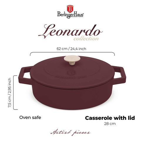 Product image of Shallow pot 26cm cast iron. Part of the Leonardo Collection . Features: • Material: cast iron with 3 layers shiny ENAMEL coating • Size: Ø26*7,5 cm 2,57 L • Color: matt bordeaux- white. (Studio view). Official Berlinger Haus product, boosted by Promintra sl.