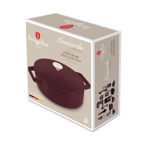 Product image of Shallow pot 26cm cast iron. Part of the Leonardo Collection . Features: • Material: cast iron with 3 layers shiny ENAMEL coating • Size: Ø26*7,5 cm 2,57 L • Color: matt bordeaux- white. (Studio view). Official Berlinger Haus product, boosted by Promintra sl.