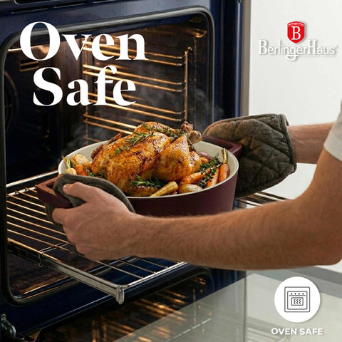 Product image of Shallow pot 26cm cast iron. Part of the Leonardo Collection . Features: • Material: cast iron with 3 layers shiny ENAMEL coating • Size: Ø26*7,5 cm 2,57 L • Color: matt bordeaux- white. (Studio view). Official Berlinger Haus product, boosted by Promintra sl.