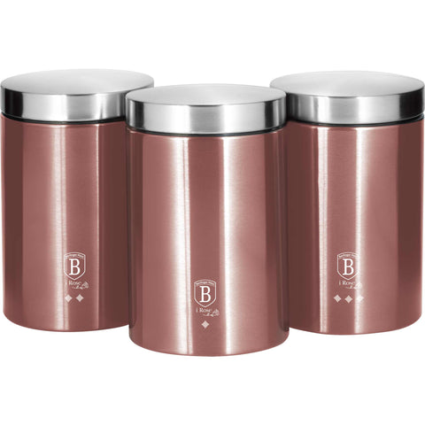Product image of 3pcs canister set. Part of the I-Rose Collection . Features: • Material: stainless steel • Include: • Sugar canister Ø11*17,8 cm • Tea canister Ø11*17,8 cm • Coffee canister Ø11*17,8 cm • Outside color: metal.... (Studio view). Official Berlinger Haus product, boosted by Promintra sl.