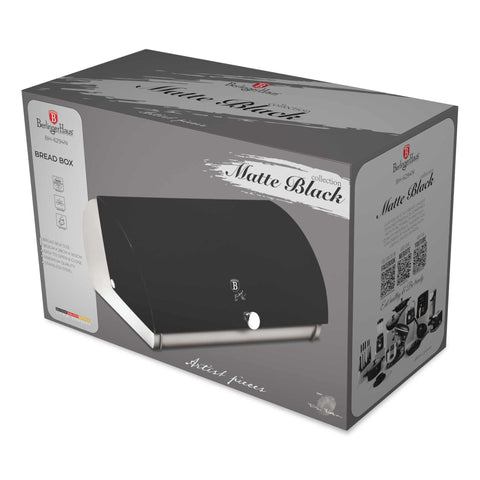 Product image of Bread box. Part of the Black Vantage Collection/Matte Black Collection/Black Silver Collection . Features: • Material: stainless steel • Bread box 38,5*28*18,5 cm • Outside color: matt black- silver. (Studio view). Official Berlinger Haus product, boosted by Promintra sl.