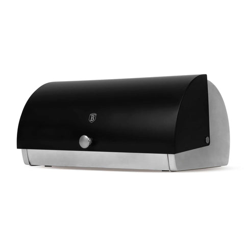 Imagem do produto: Caixa de pão. Parte da Coleção Black Vantage/Coleção Matte Black/Coleção Black Silver. Características: • Material: aço inoxidável • Dimensões da caixa de pão: 38,5 x 28 x 18,5 cm • Cor externa: preto fosco com detalhes em prata. (Imagem de estúdio). Produto oficial Berlinger Haus, com o apoio da Promintra sl.