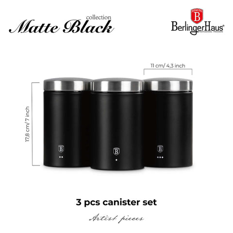 BH/6296N, BH/6296, juego de 3 botes, negro, plateado, juego de botes, botes de cocina, contenedores de almacenamiento, Berlinger Haus, Promintra, caja de regalo, conceptual, estilo de vida
