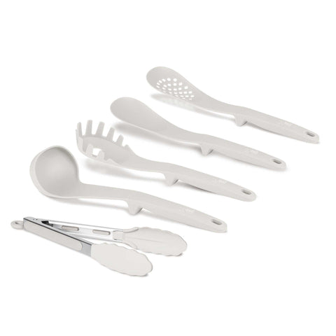 Product image of 5pcs kitchen tool set. Part of the Sahara Collection . Features: • Material: nylon, plastic • Include: • Soup ladle 1 pc • Cooking spoon 1 pc • Spaghetti ladle 1 pc • Skimmer 1 pc • Food clamp (nylon) • Color: cream. (Studio view). Official Berlinger Haus product, boosted by Promintra sl.