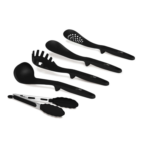 Product image of 5pcs kitchen tool set. Part of the Black Vantage Collection/Matte Black Collection/Black Silver Collection . Features: • Material: nylon, plastic • Include: • Soup ladle 1 pc • Cooking spoon 1 pc • Spaghetti ladle 1 pc • Skimmer 1 pc • Food clamp (nylon) • Color: black. (Studio view). Official Berlinger Haus product, boosted by Promintra sl.