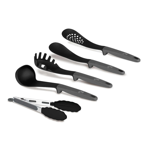 Product image of 5pcs kitchen tool set. Part of the Anthracite Collection . Features: • Material: nylon, plastic • Include: • Soup ladle 1 pc • Cooking spoon 1 pc • Spaghetti ladle 1 pc • Skimmer 1 pc • Food clamp (nylon) • Color: an.... (Studio view). Official Berlinger Haus product, boosted by Promintra sl.