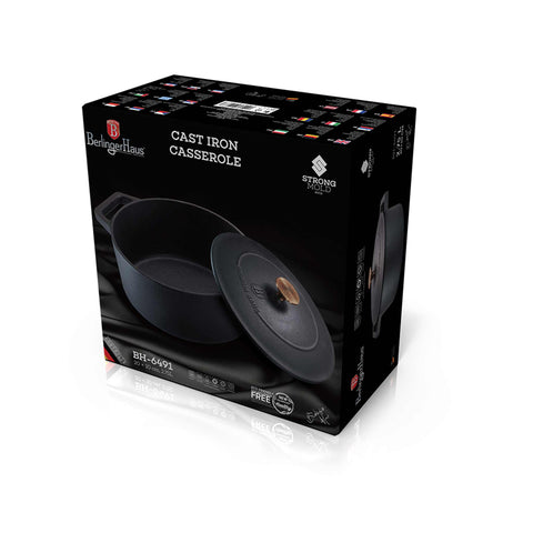 Product image of Casserole 20cm cast iron. Part of the Strong Mold Seria . Features: • Material: cast iron with ENAMEL coating • Size: Ø20*10 cm 2,75 L • Color: matt black. (Studio view). Official Berlinger Haus product, boosted by Promintra sl.