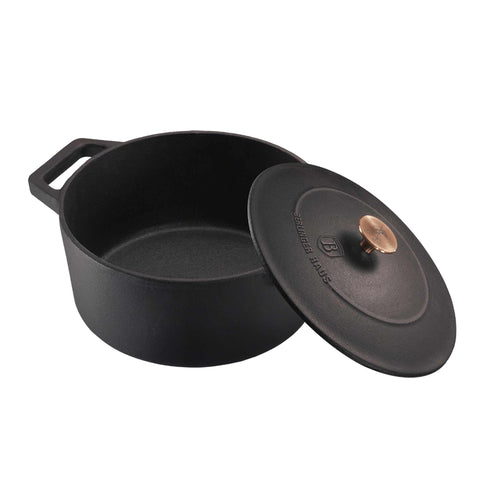 BH/6491, Cacerola de hierro fundido de 20 cm, color negro y oro rosa, cacerola de 20 cm, hierro fundido, cazuela, olla, cacerola con tapa, batería de cocina, cocinar, hierro fundido