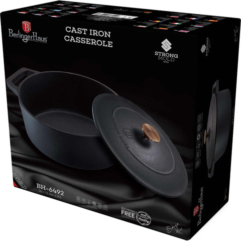 Product image of Casserole 24cm cast iron. Part of the Strong Mold Seria . Features: • Material: cast iron with ENAMEL coating • Size: Ø24*11 cm 4,35 L • Color: matt black. (Studio view). Official Berlinger Haus product, boosted by Promintra sl.