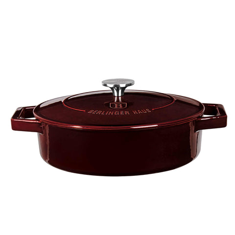 Product image of Shallow pot 26cm cast iron. Part of the Strong Mold Seria . Features: • Material: cast iron with 2 layers shiny ENAMEL coating • Size: Ø26*7,5 cm 2,57 L • Color: burgundy. (Studio view). Official Berlinger Haus product, boosted by Promintra sl.