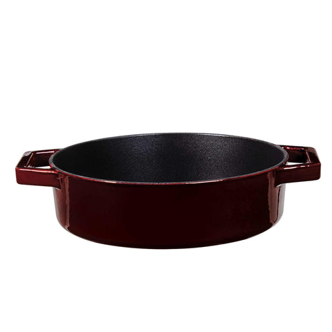 Product image of Shallow pot 26cm cast iron. Part of the Strong Mold Seria . Features: • Material: cast iron with 2 layers shiny ENAMEL coating • Size: Ø26*7,5 cm 2,57 L • Color: burgundy. (Studio view). Official Berlinger Haus product, boosted by Promintra sl.