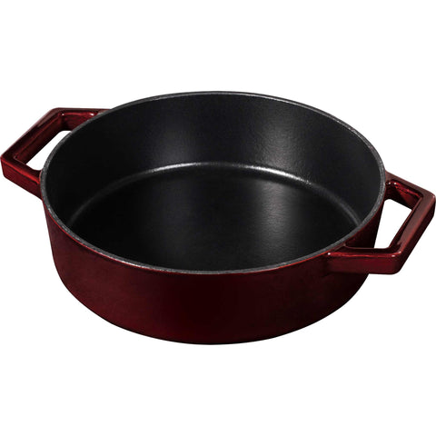 Product image of Shallow pot 26cm cast iron. Part of the Strong Mold Seria . Features: • Material: cast iron with 2 layers shiny ENAMEL coating • Size: Ø26*7,5 cm 2,57 L • Color: burgundy. (Studio view). Official Berlinger Haus product, boosted by Promintra sl.