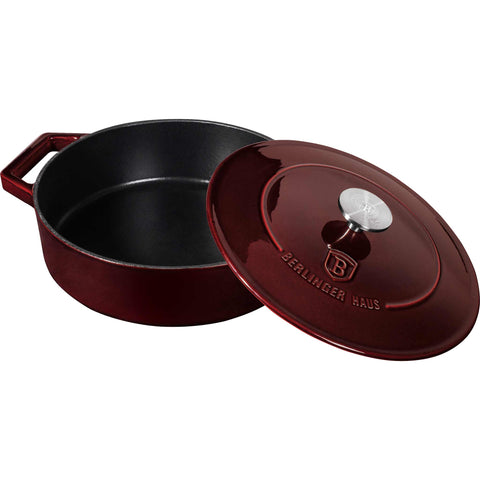 Product image of Shallow pot 26cm cast iron. Part of the Strong Mold Seria . Features: • Material: cast iron with 2 layers shiny ENAMEL coating • Size: Ø26*7,5 cm 2,57 L • Color: burgundy. (Studio view). Official Berlinger Haus product, boosted by Promintra sl.