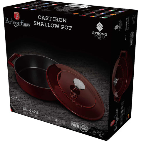 Product image of Shallow pot 26cm cast iron. Part of the Strong Mold Seria . Features: • Material: cast iron with 2 layers shiny ENAMEL coating • Size: Ø26*7,5 cm 2,57 L • Color: burgundy. (Studio view). Official Berlinger Haus product, boosted by Promintra sl.