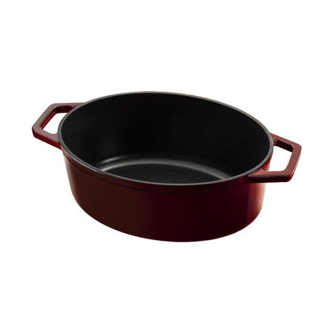 Product image of Oval roaster 30cm cast iron. Part of the Strong Mold Seria . Features: • Material: cast iron with 2 layers shiny ENAMEL coating • Size: Ø30*12 cm 4,65 L • Color: burgundy. (Studio view). Official Berlinger Haus product, boosted by Promintra sl.