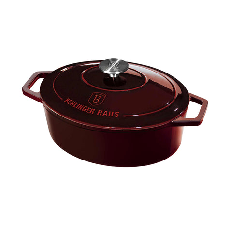 Product image of Oval roaster 30cm cast iron. Part of the Strong Mold Seria . Features: • Material: cast iron with 2 layers shiny ENAMEL coating • Size: Ø30*12 cm 4,65 L • Color: burgundy. (Studio view). Official Berlinger Haus product, boosted by Promintra sl.