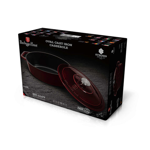 Product image of Oval roaster 30cm cast iron. Part of the Strong Mold Seria . Features: • Material: cast iron with 2 layers shiny ENAMEL coating • Size: Ø30*12 cm 4,65 L • Color: burgundy. (Studio view). Official Berlinger Haus product, boosted by Promintra sl.