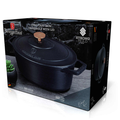 Product image of Oval roaster 32cm cast iron. Part of the Strong Mold Seria . Features: • Material: cast iron with ENAMEL coating • Size: Ø32*23*12 cm 5,56 L • Color: matt black. (Studio view). Official Berlinger Haus product, boosted by Promintra sl.