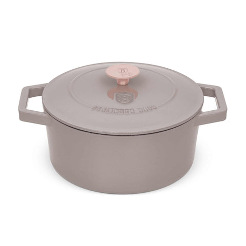 Product image of Casserole 24cm cast iron. Part of the Taupe Collection . Features: • Material: cast iron with 3 layers shiny ENAMEL coating • Size: Ø24*11 cm 4,35 L • Color: taupe- white. (Studio view). Official Berlinger Haus product, boosted by Promintra sl.